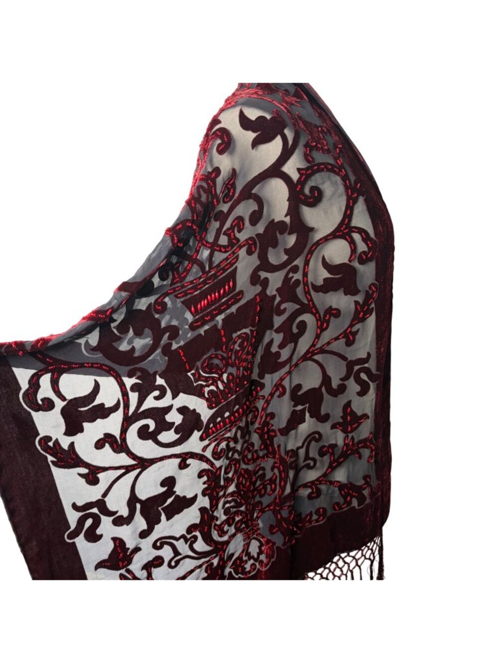 Velvet Burnout Beaded Scarf Shawl With Fringe In Red Black Silk Blend Vamp Goth